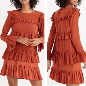 Madewell burned orange brown silk ruffle dress knee length 14 3/4 sleeves tiered